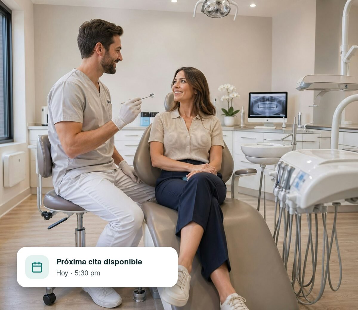 Dentista conversando con una paciente en Alba Dental